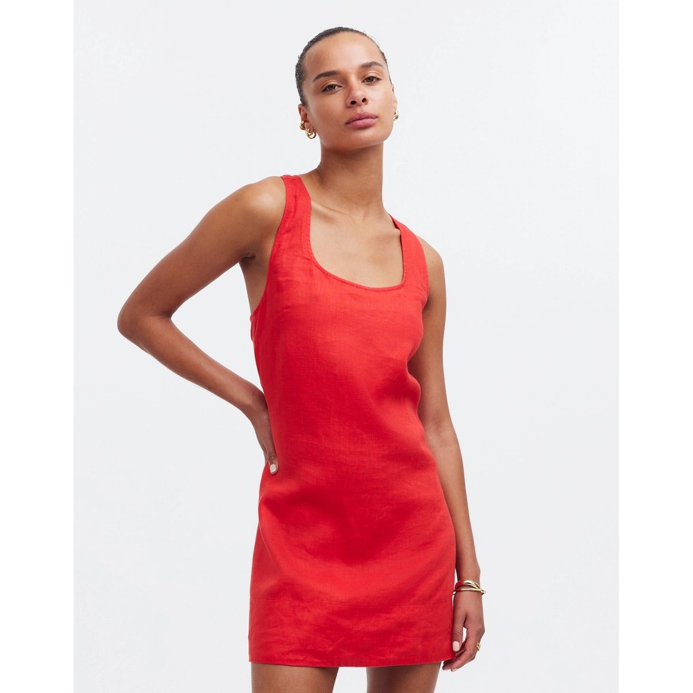 Madewell Womens Cross Back A-Line Linen Mini Dress Size 12 Red Sleeveless